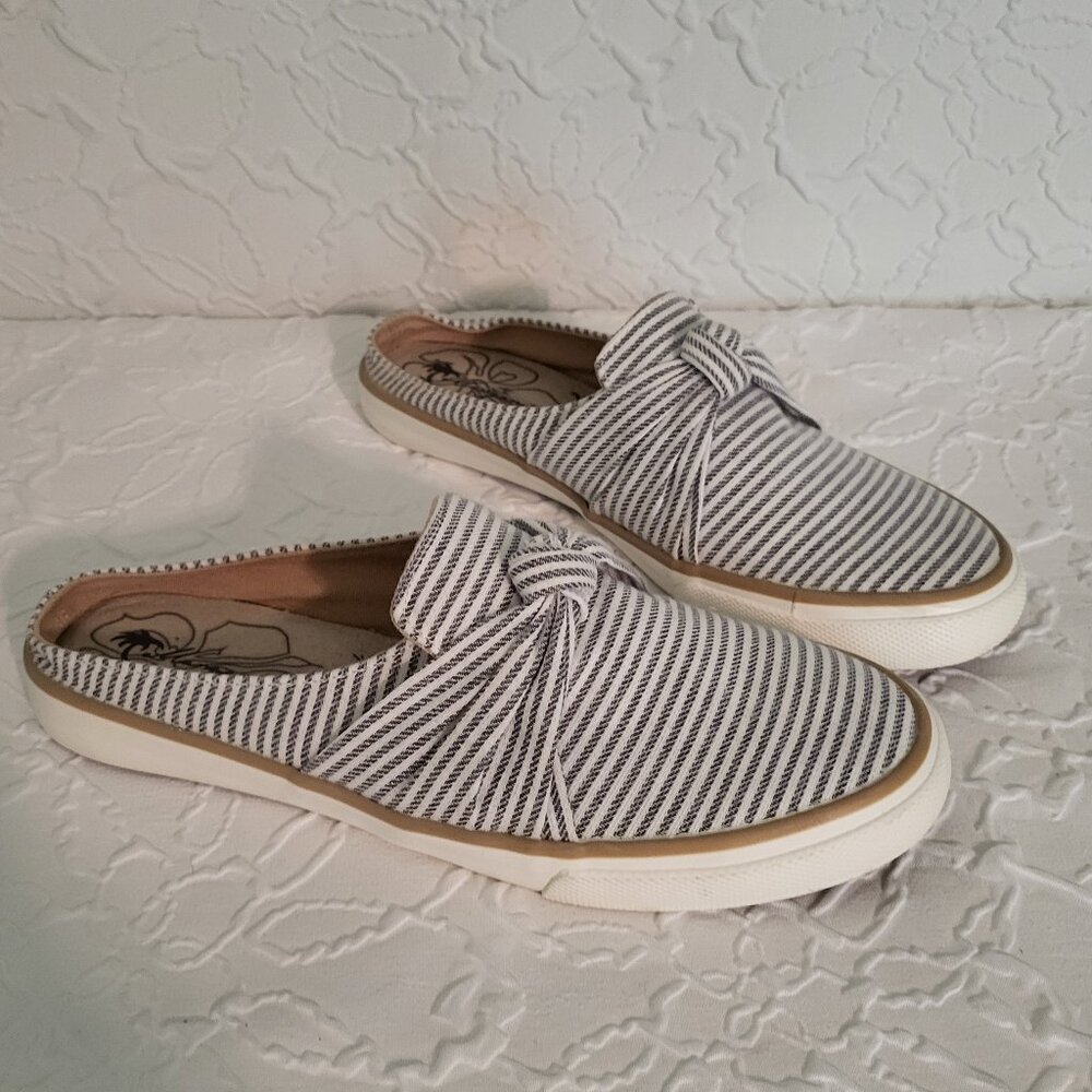 Margaritaville Blue White Striped Sailor Slip On Canvas Knot Mules Women's 7.5
